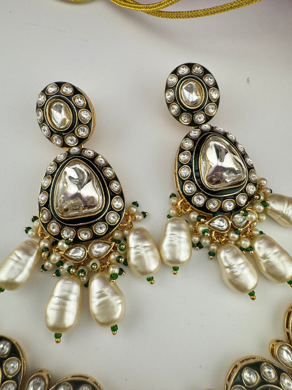Uncut Polki, Kundan Pearls Gold Necklace Set with Tikka, Indian Bridal set