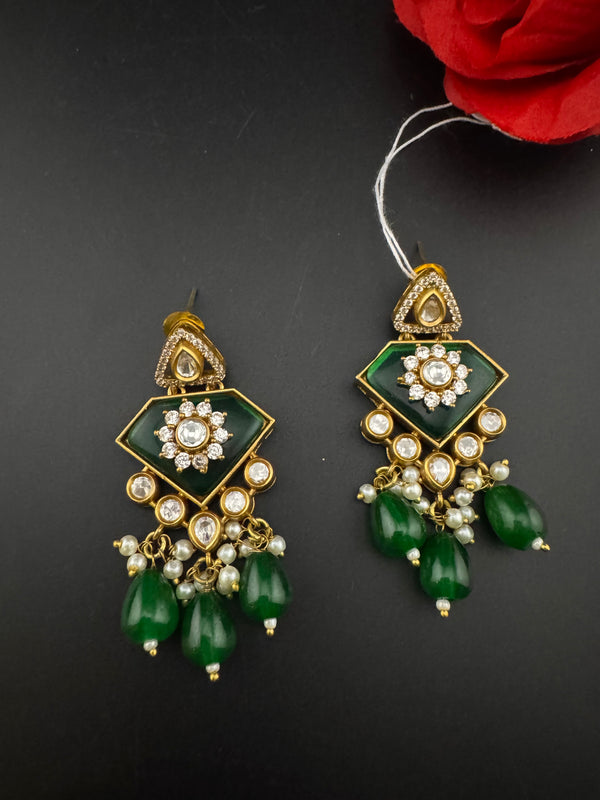 Gold Kundan, CZ, Stone, Pearls Chandelier Drop Earrings, Bridal Designer jewelry