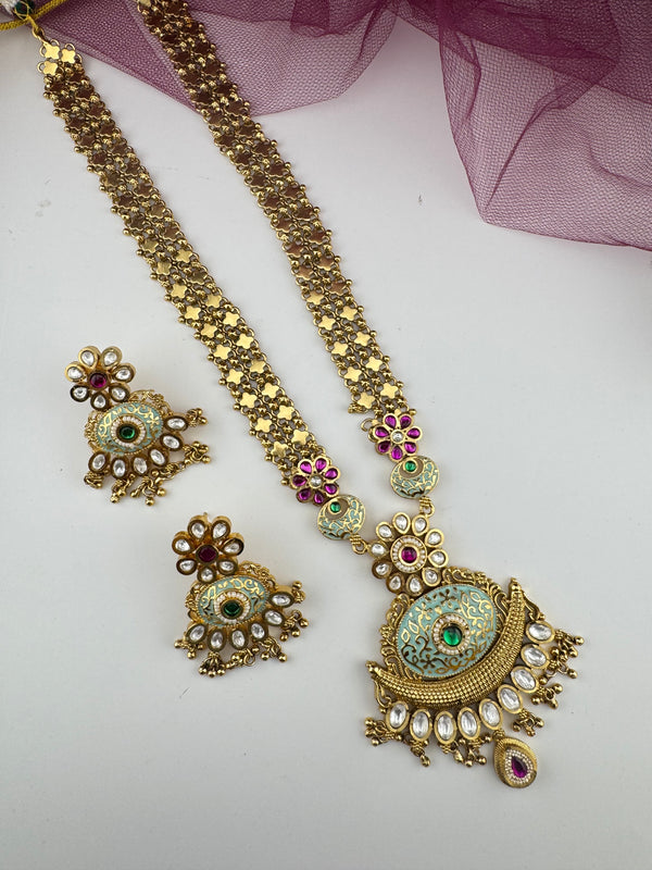 Rajwadi Kundan Enamel Stones Gold Necklace Set, Indian Bridal Rani Haar