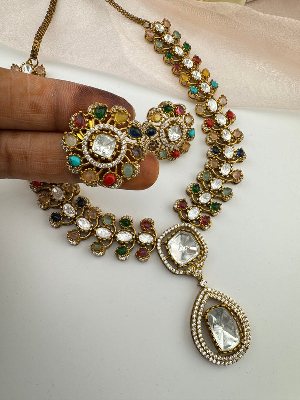 Stones, CZ, Kundan Gold necklace set, Indian Bridal Jewelry set