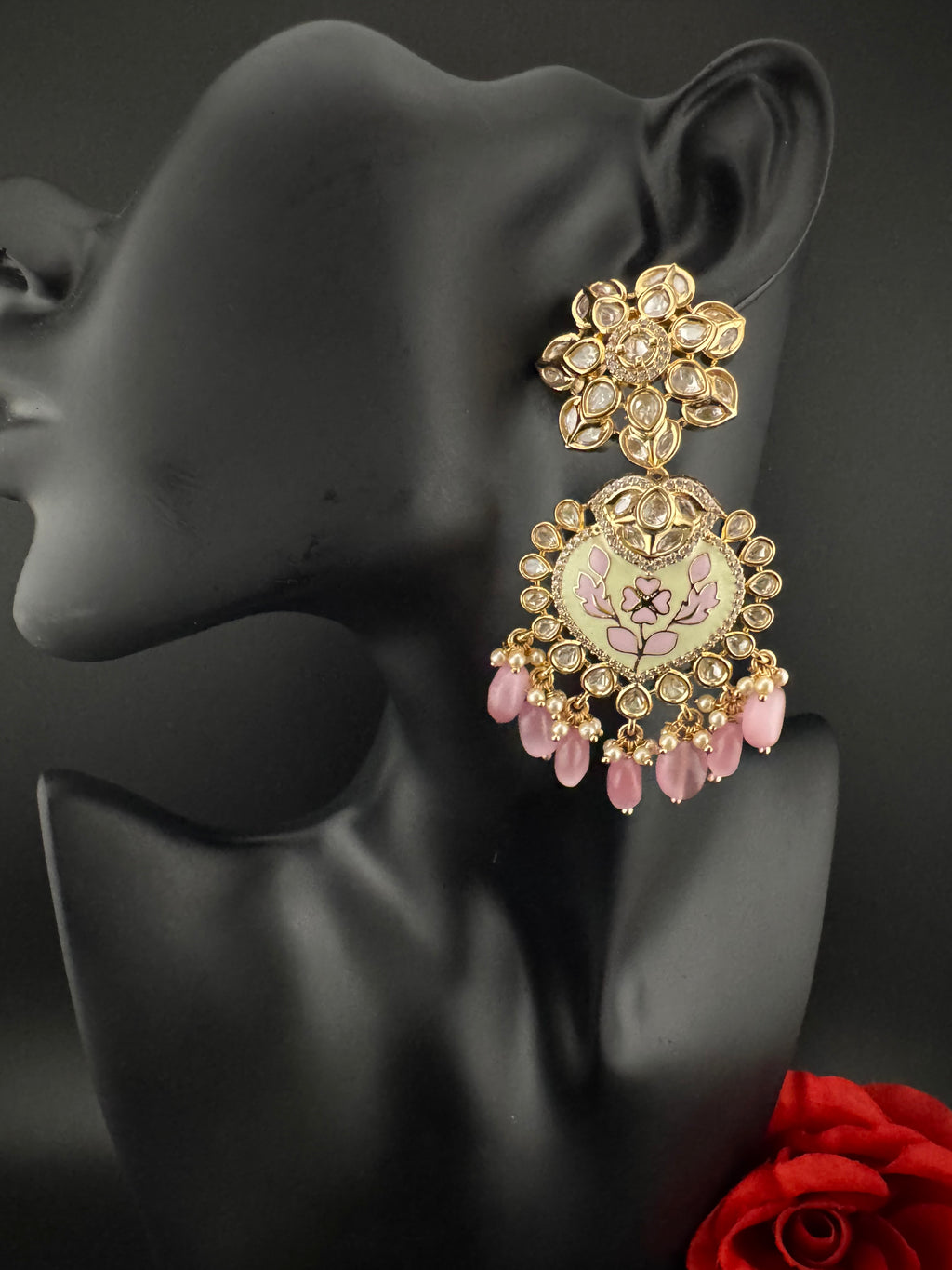 Enamel and Gold Kundan Chandelier Long Earrings, High shine Bridal Moissanite CZ, Designer Earrings