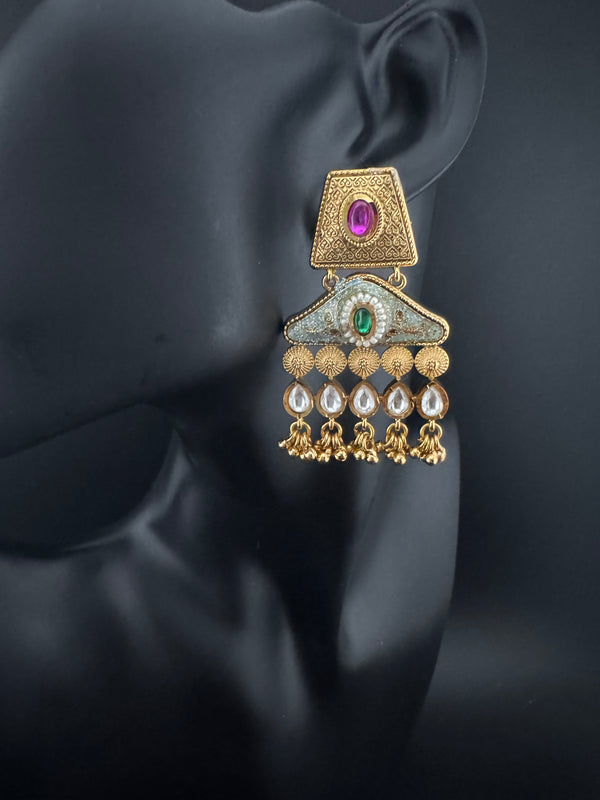 Amrapali inspired Matt Gold, kundan, Turquoise Enamel, ChandBali long Earrings, designer jewelry
