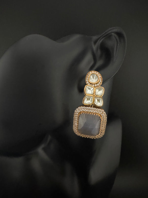 Gray and Gold Kundan, Stone Chandelier Drop Earrings, Bridal, Moissanite, CZ, Designer jewelry