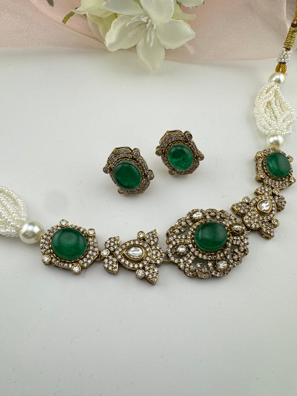 Moissanite Kundan, Pearls, CZ, Stones Choker necklace set, Indian Bridal Jewelry, chic set