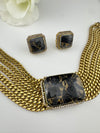 CZ, Mystic doublet stone, Antique gold tone Curb Link chain Choker necklace set with earrings