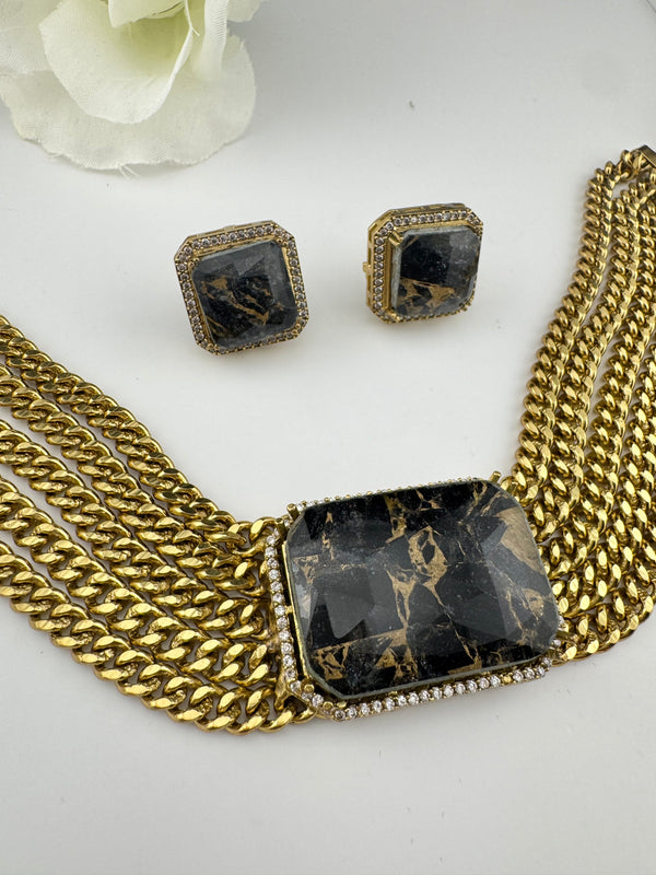 CZ, Mystic doublet stone, Antique gold tone Curb Link chain Choker necklace set with earrings