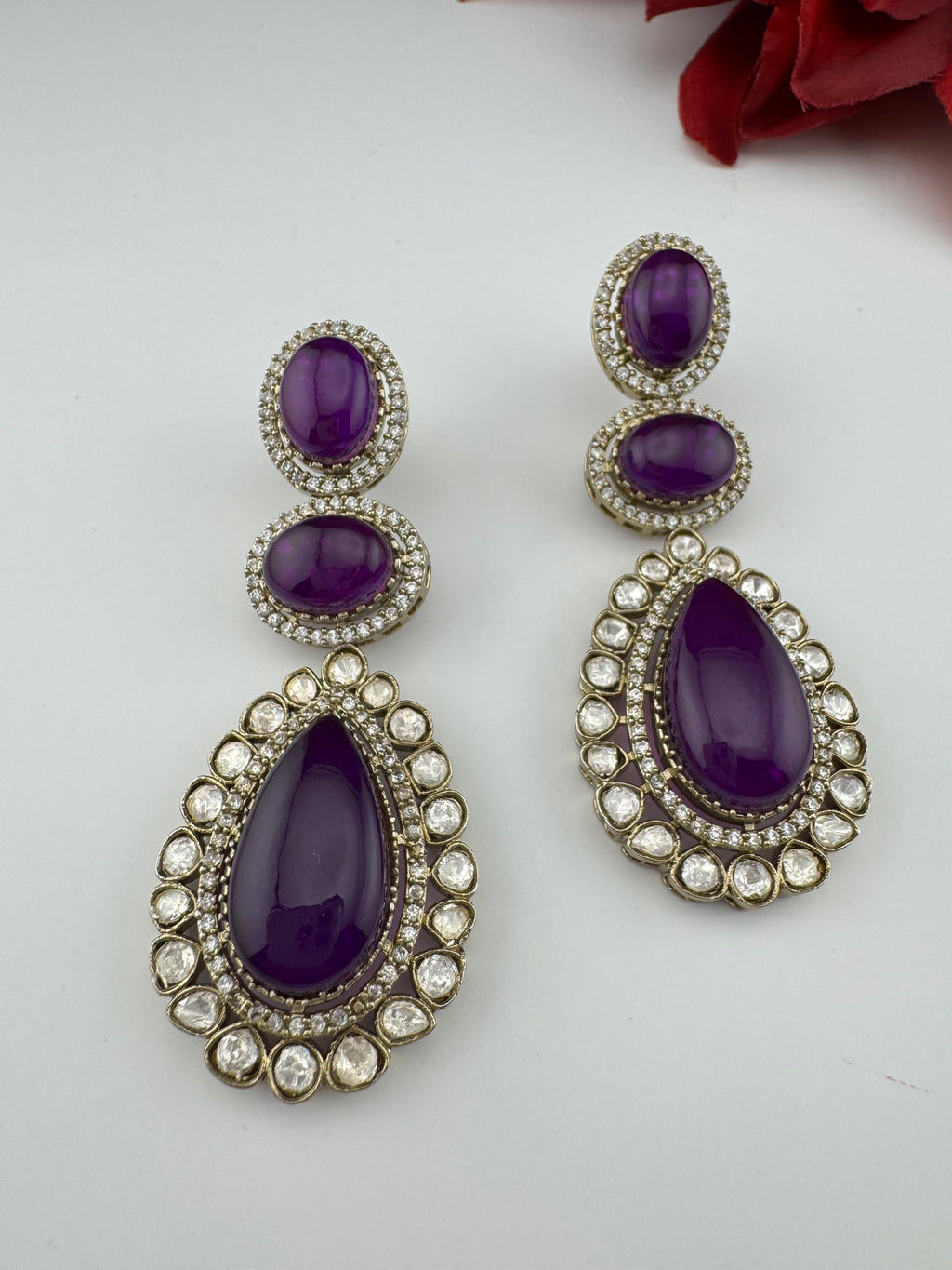 Purple and Gold Kundan, Doublet Stone Chandelier Long Earrings, Bridal, Moissanite, CZ, Designer jewelry