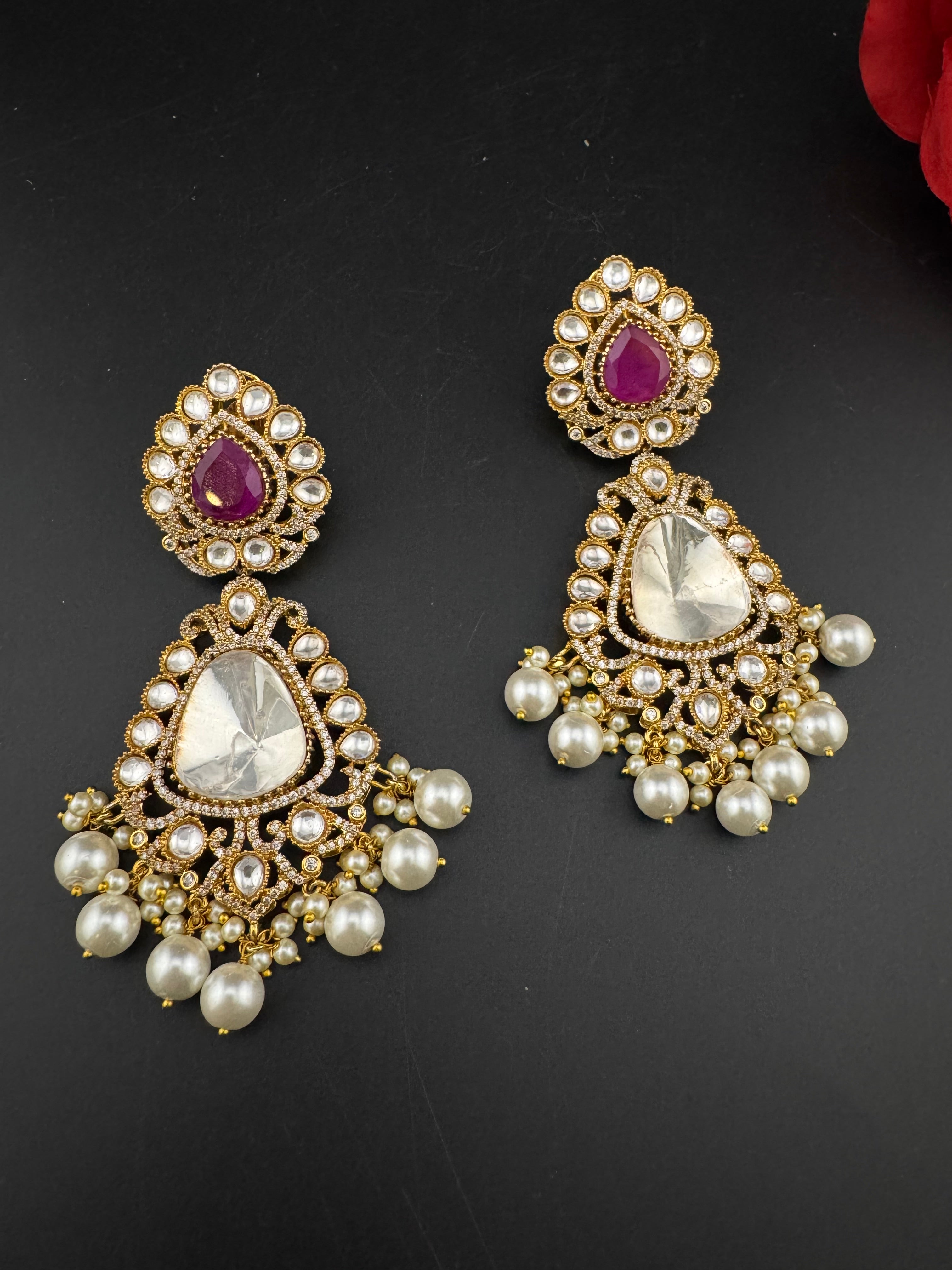 Purple and Gold Kundan, Pearls Chandelier Long Earrings, Bridal, Moissanite, CZ, Designer jewelry