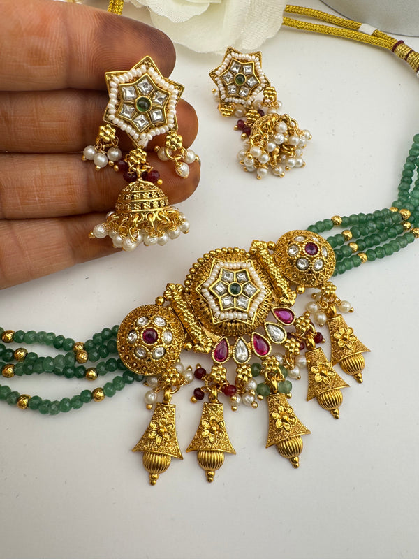 Rajwadi Choker necklace set with jhumka, in kundan, pearls, hydro beads, Indian Bridal Jewelry set