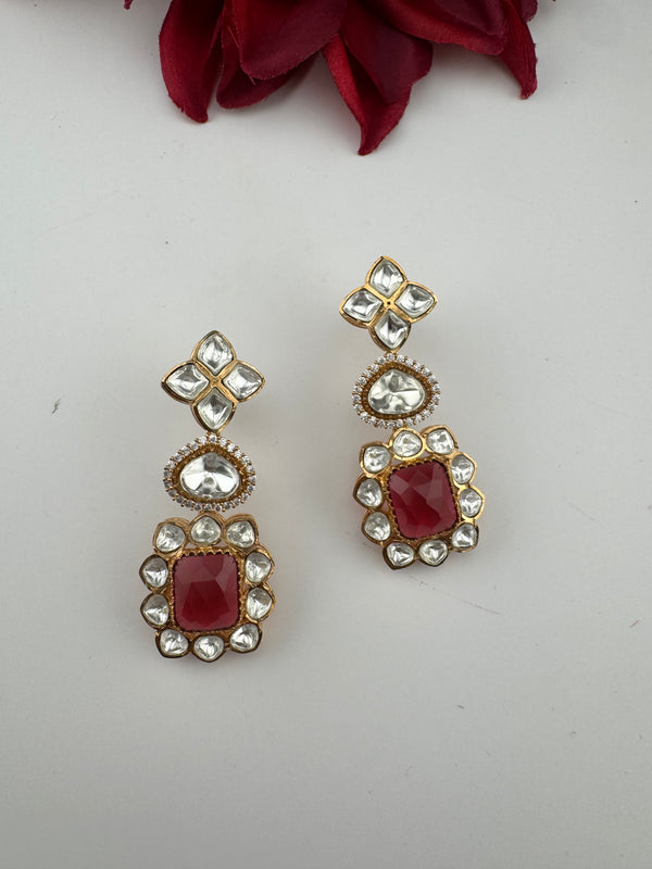 Red and Gold Kundan, Stone Chandelier Drop Earrings, Bridal, Moissanite, CZ, Designer jewelry