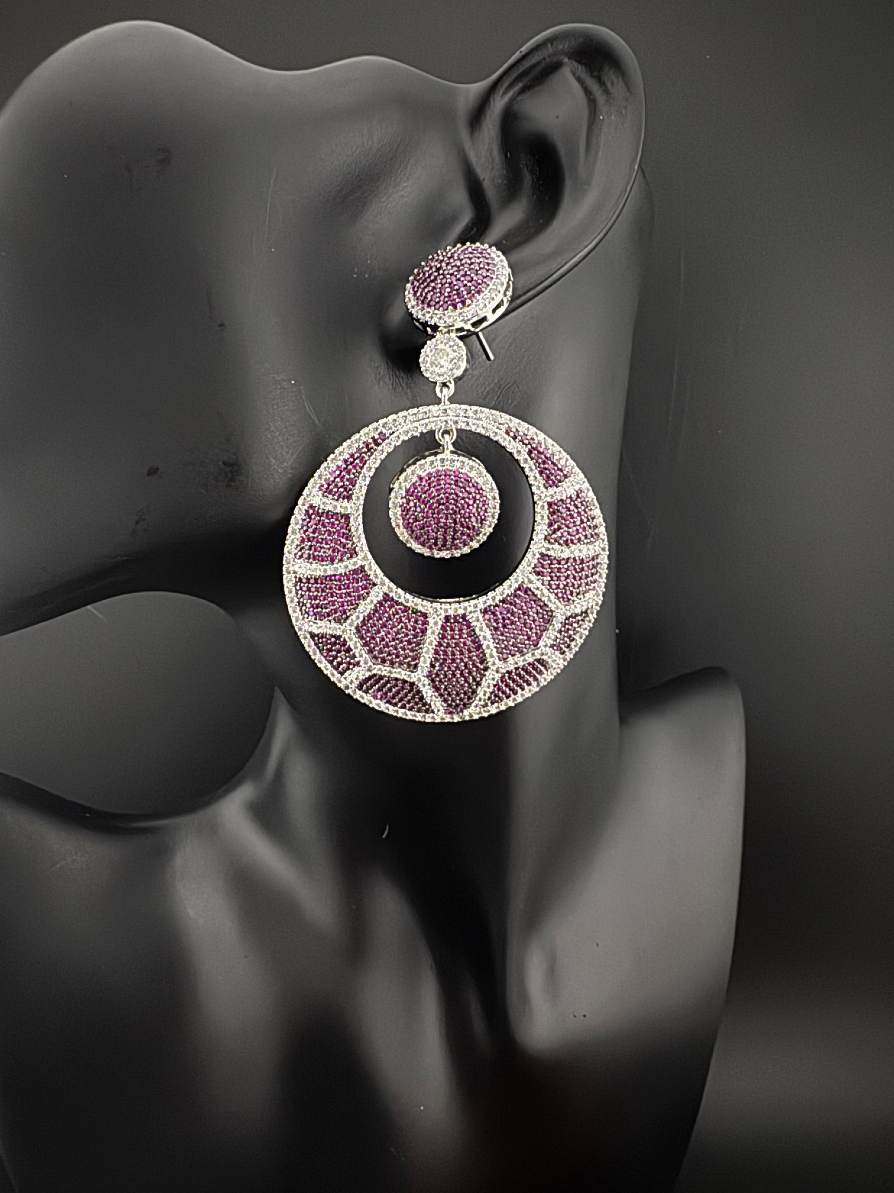 Premium Nano Setting of Cubic Zirconia in silver is designer Inspired Statement Oversized Circular Dangle earring/Bridal/bridesmaid gift