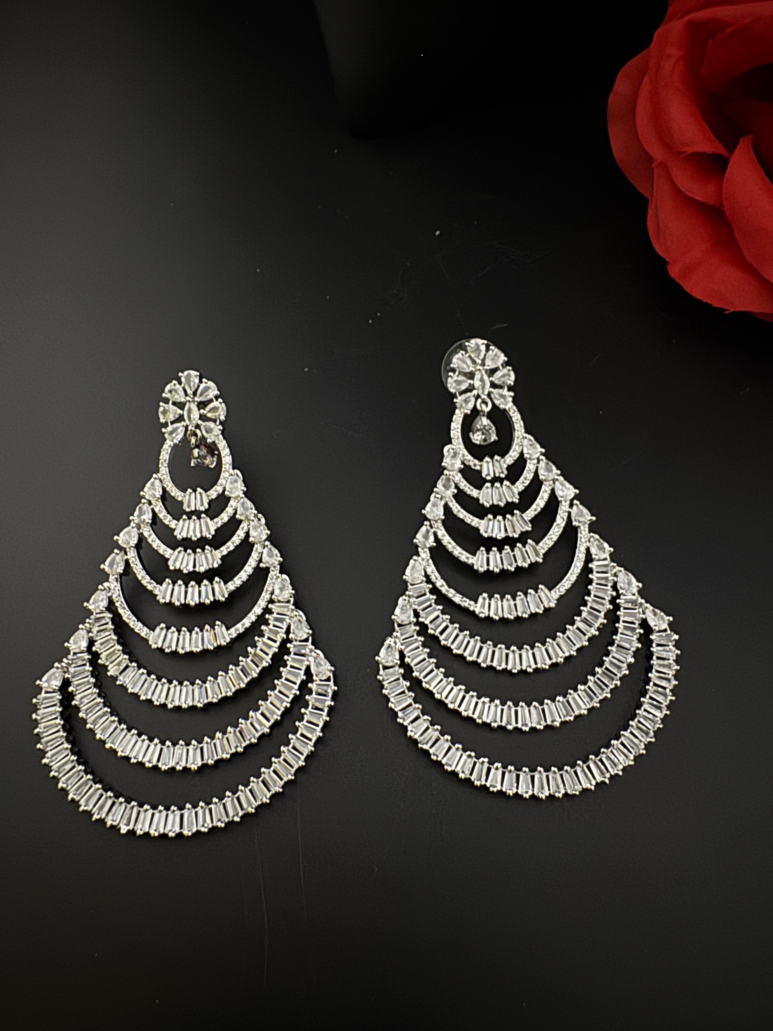 Premium Cubic Zirconia silver Chandelier Oversized earrings is designer Inspired, Statement Long earring, Bridal, Party, Wedding jewelry,
