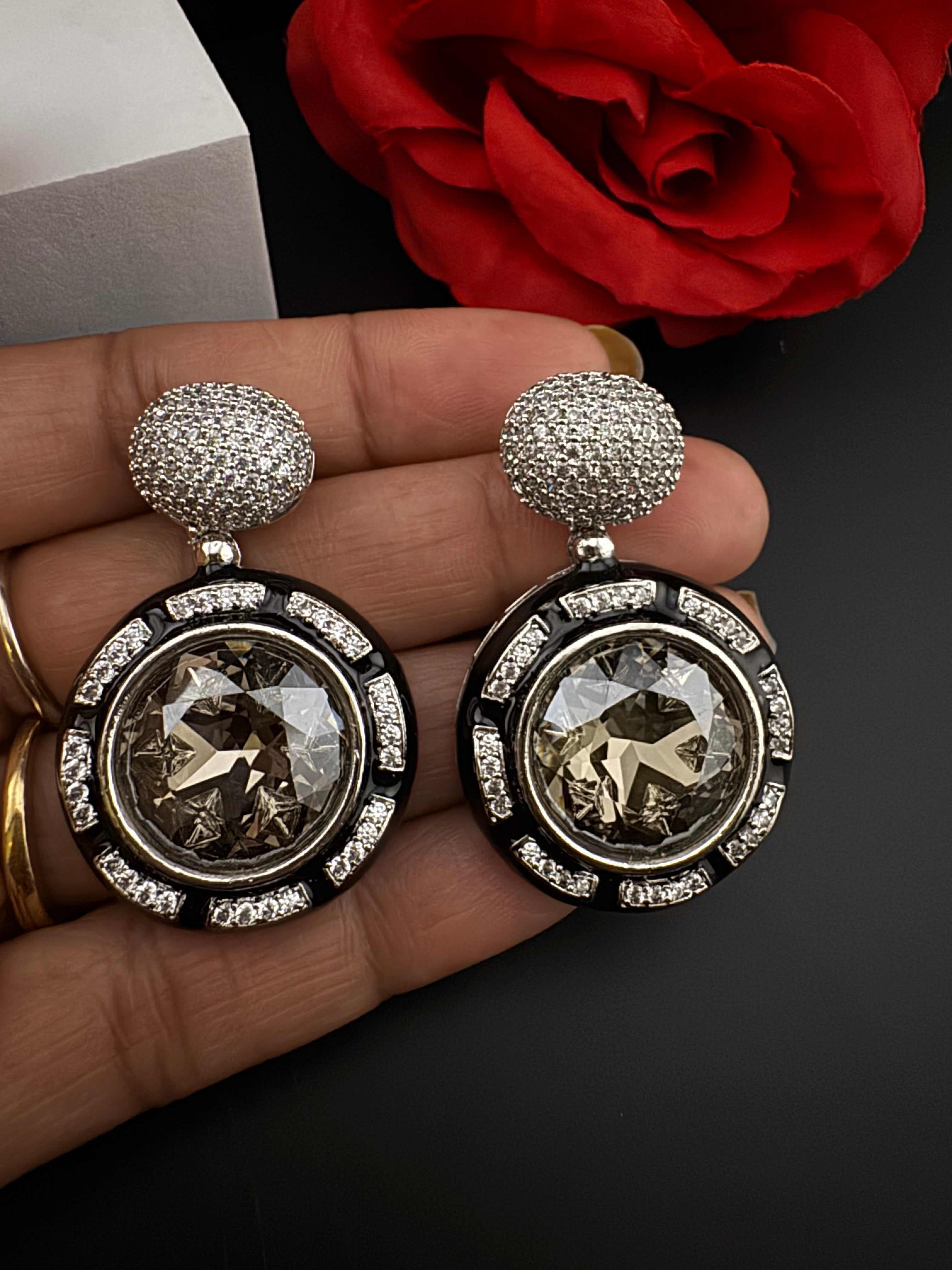 Premium Crystal, Enamel and Cubic Zirconia in Nano Setting designer Statement drop earrings/chic, Indian, Bridal, Bridesmaid gift, unique