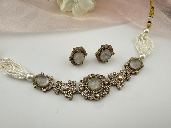 Moissanite Kundan, Pearls, CZ, Stones Choker necklace set, Indian Bridal Jewelry, chic set
