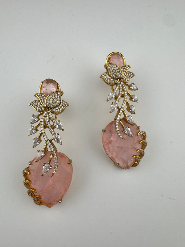 Pink and Gold, Doublet Stone Chandelier Drop Earrings, Bridal, CZ, Designer jewelry