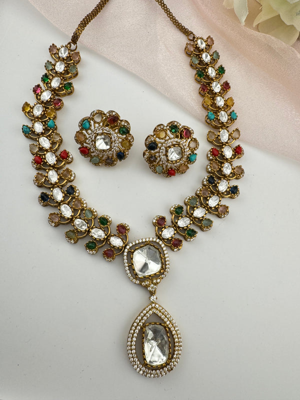 Stones, CZ, Kundan Gold necklace set, Indian Bridal Jewelry set