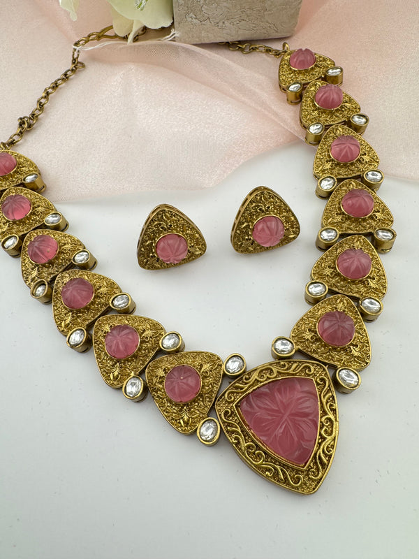 Kundan, Carved Stone, Gold plated necklace set, Indian Bridal Jewelry set