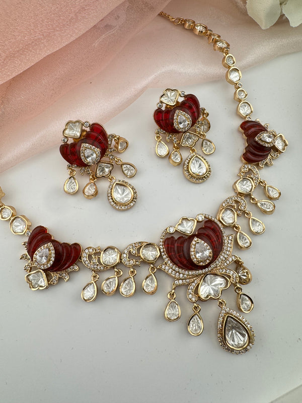 Kundan, Moissanite, MOP, CZ Flexible Gold necklace set, Indian Bridal Jewelry