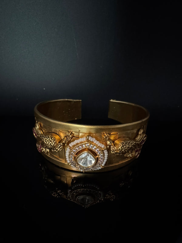 Moissanite Kundan, CZ, pearl Peacock Cuff Bracelet Bangle, Gold Polish Bangle (Fits 2.6" Diameter)
