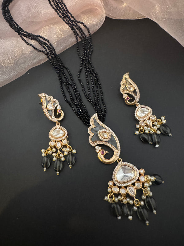 Kundan, CZ, MOP, Pearls, Hydro Beads Peacock Long necklace set, Rani haar, everyday wear jewelry