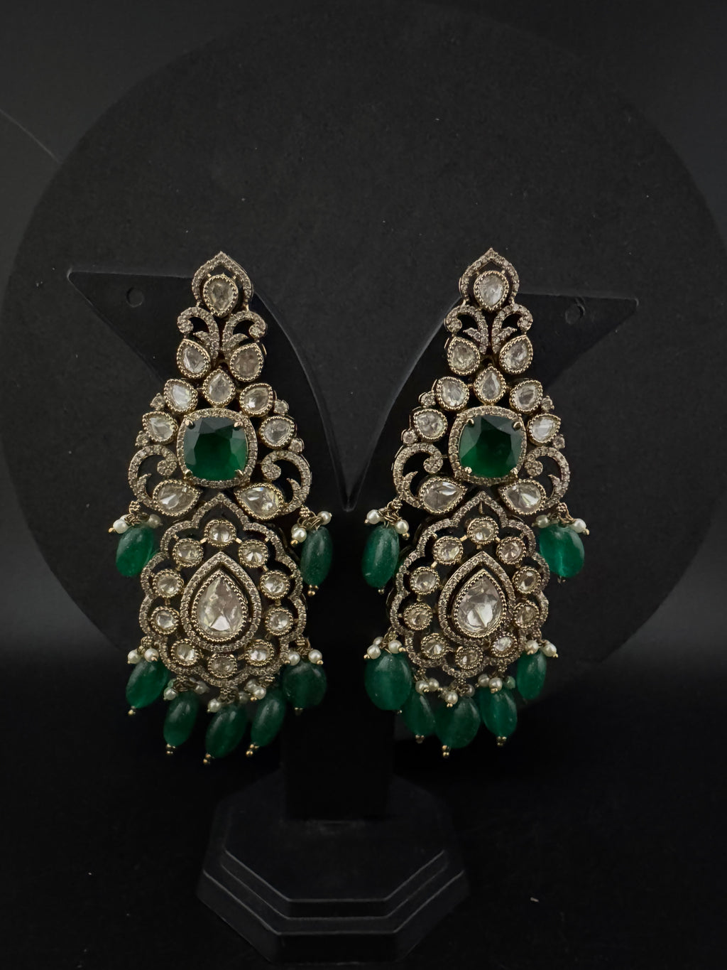 Green and Gold Kundan, Pearls Chandelier Long Earrings, Bridal, Moissanite, CZ, Designer jewelry