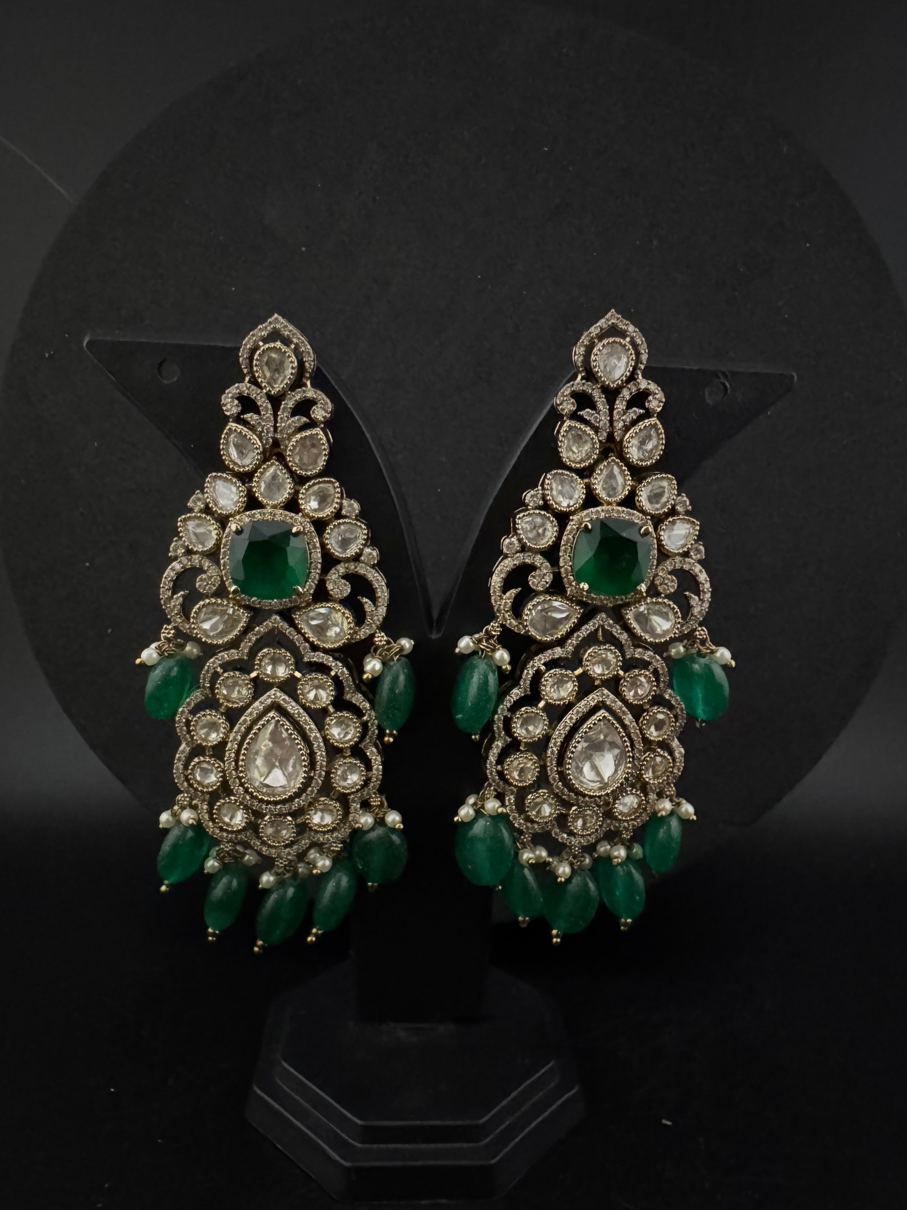 Green and Gold Kundan, Pearls Chandelier Long Earrings, Bridal, Moissanite, CZ, Designer jewelry