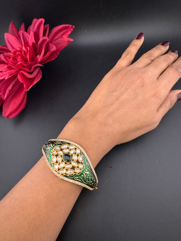 Moissanite Kundan, Enamel, CZ Openable Bracelet Bangle, Gold Polish (Fits 2.6" wrists)