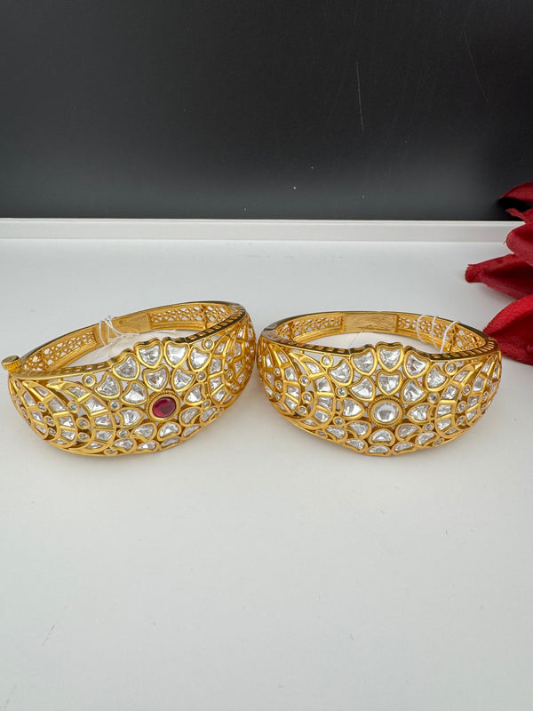 Moissanite Kundan, CZ Openable Bracelet Bangle, Gold Polish (Fits 2.6" wrists)