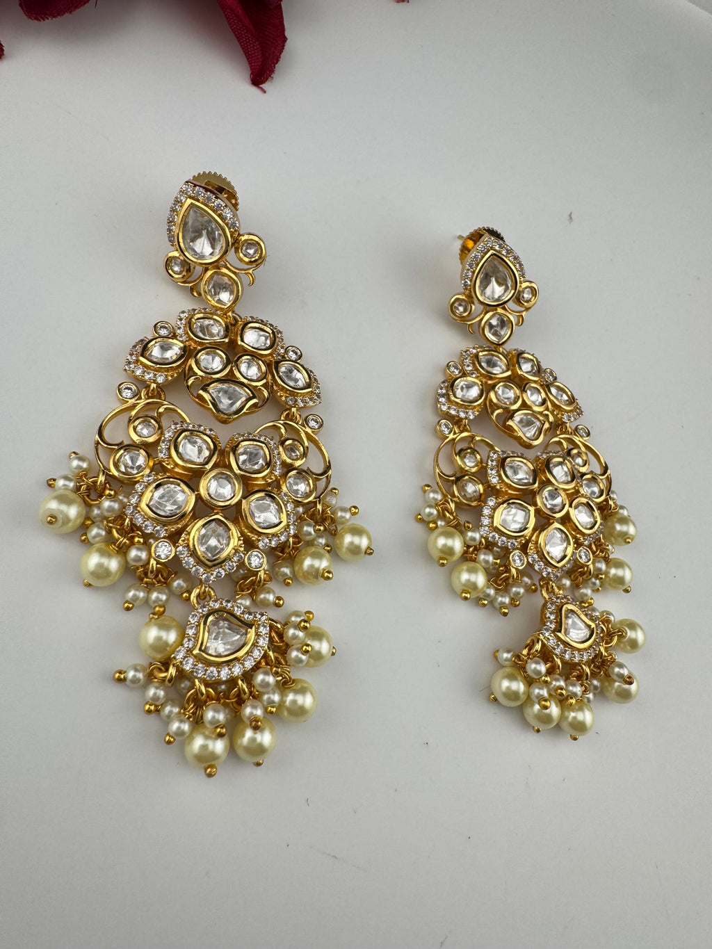 White and Gold Kundan, Pearls Chandelier Earrings, High shine Bridal, Moissanite, CZ, Designer jewelry