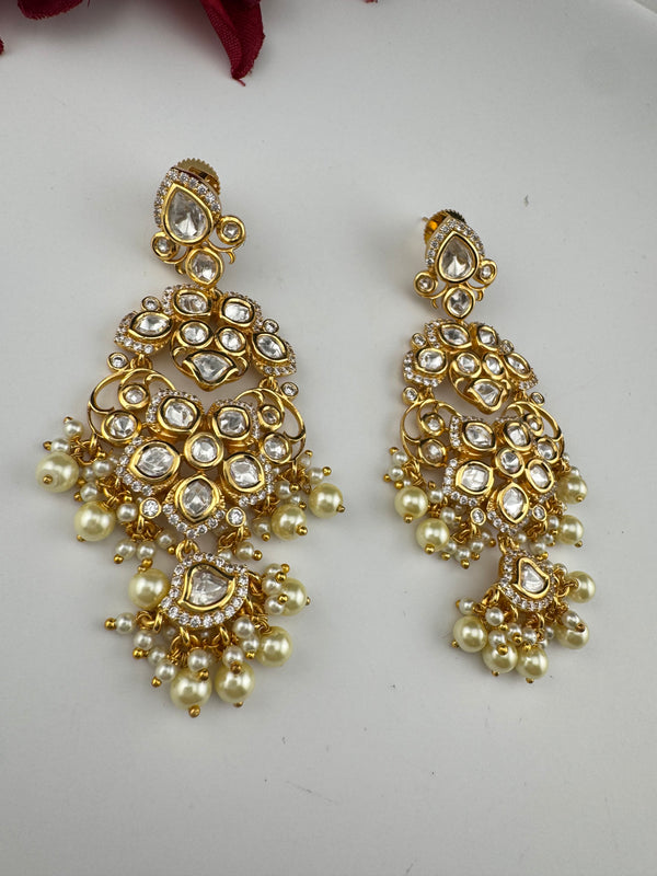 White and Gold Kundan, Pearls Chandelier Earrings, High shine Bridal, Moissanite, CZ, Designer jewelry