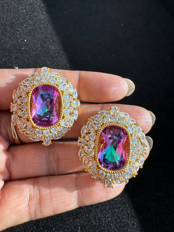 Gold Polish Crystal Stone Stud Earrings, Cubic Zirconia, AD, CZ, Indian Jewelry