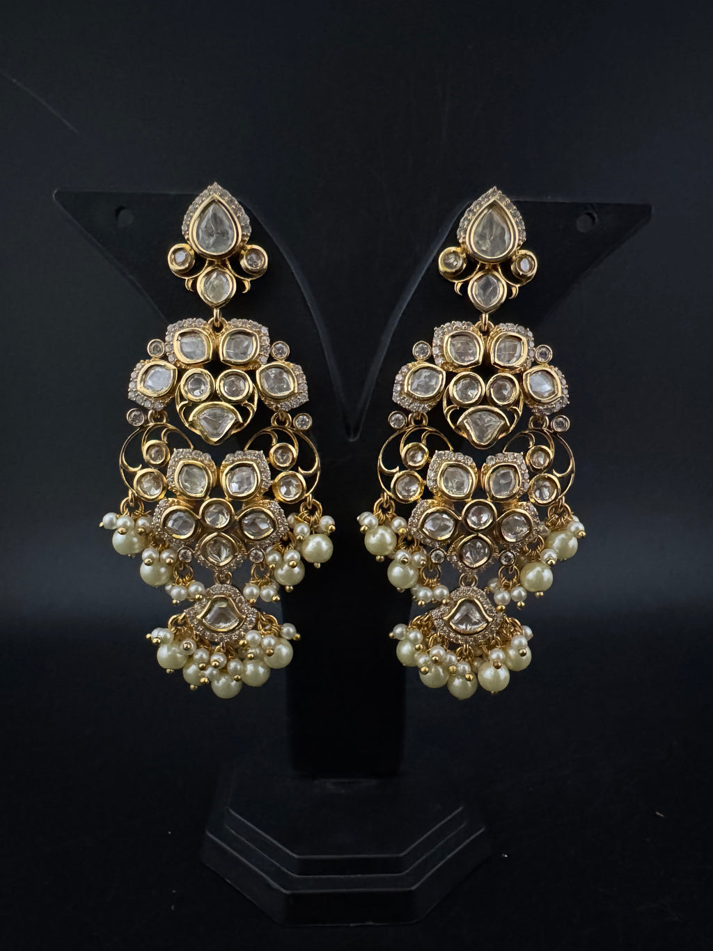 White and Gold Kundan, Pearls Chandelier Earrings, High shine Bridal, Moissanite, CZ, Designer jewelry