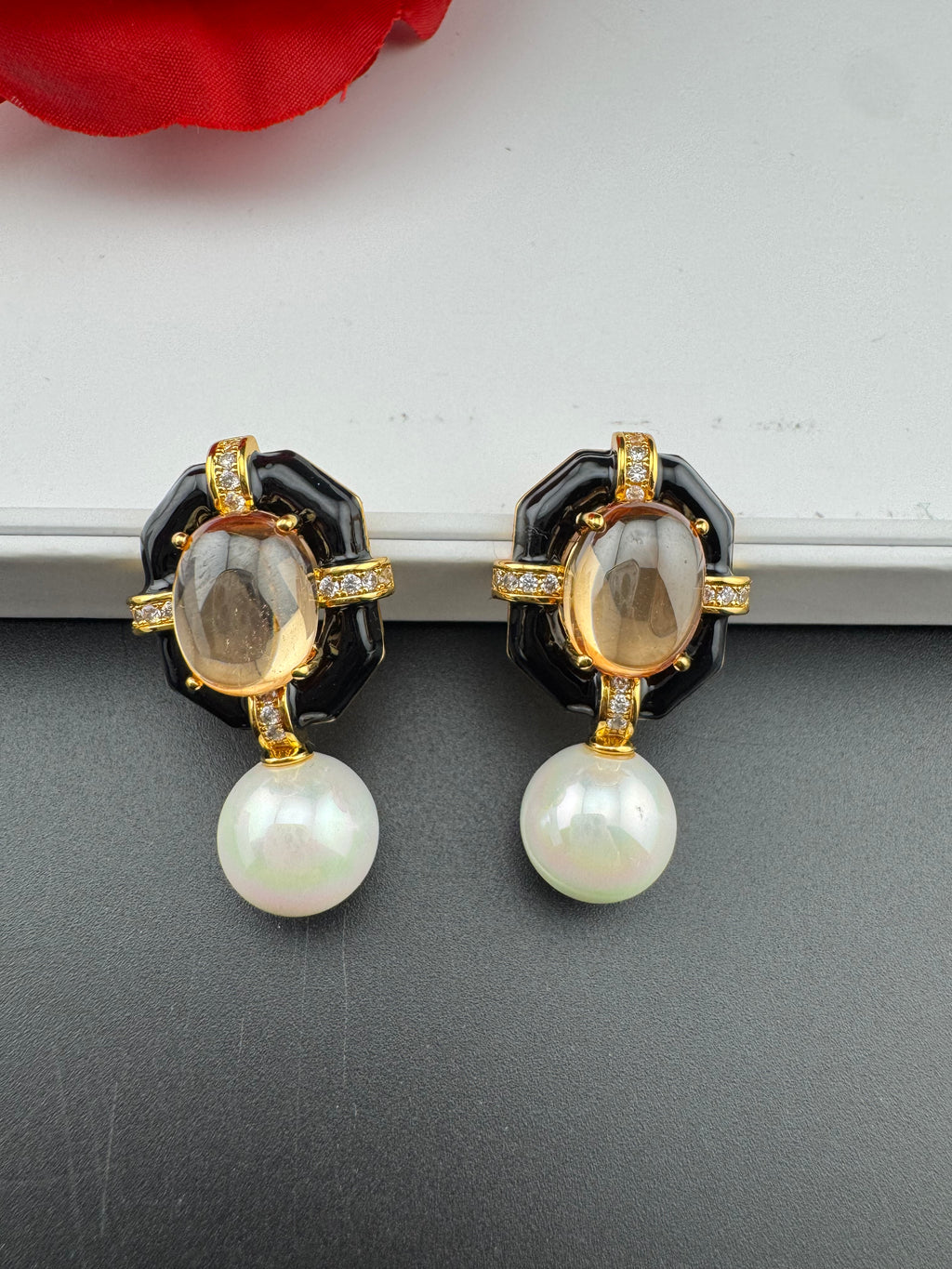Designer inspired Enamel and Stone Pearls drop earrings, Statement jewelry, Indian Jewelry, Drop and Studs earrings, Bridesmaid Gift