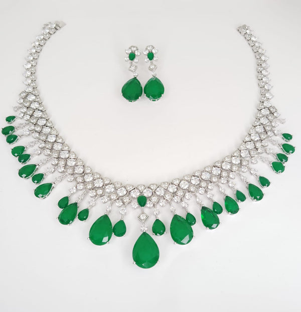 Green Doublet stone, Crystals and CZ Diamond all over Necklace Set, White Gold Plated
