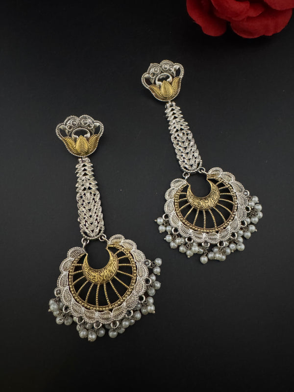 Oxidized Silver and Gold ChandBali Very long Earrings, designer jewelry