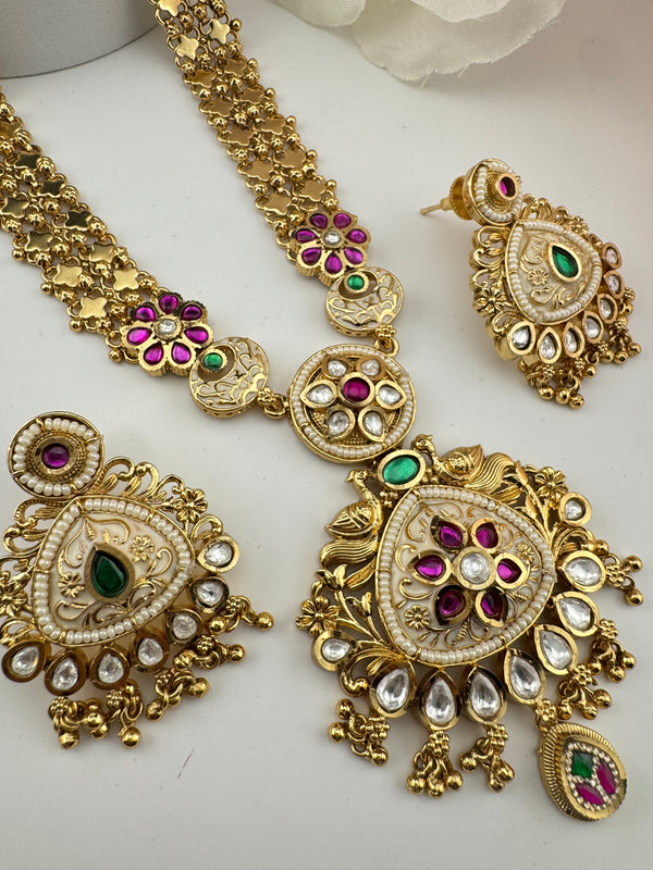 Rajwadi Kundan Enamel Pearl Gold Necklace Set, Indian Bridal Rani Haar