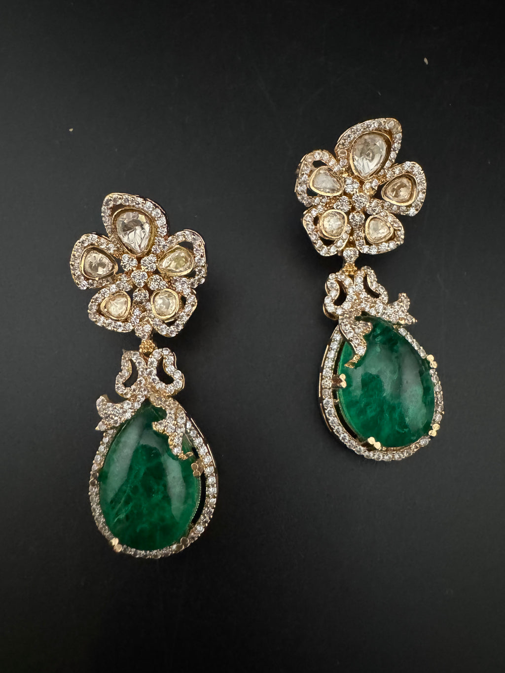 Green and Gold Kundan, Doublet Stone Chandelier Drop Earrings, Bridal, Moissanite, CZ, Designer jewelry
