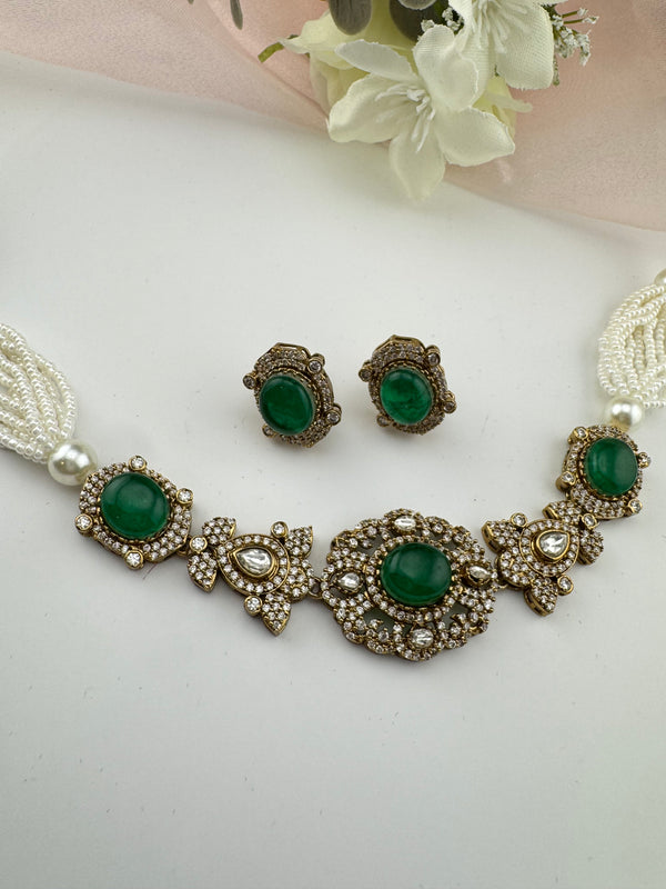 Moissanite Kundan, Pearls, CZ, Stones Choker necklace set, Indian Bridal Jewelry, chic set