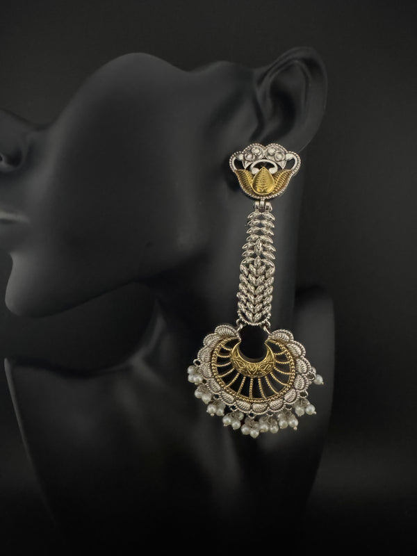 Oxidized Silver and Gold ChandBali Very long Earrings, designer jewelry