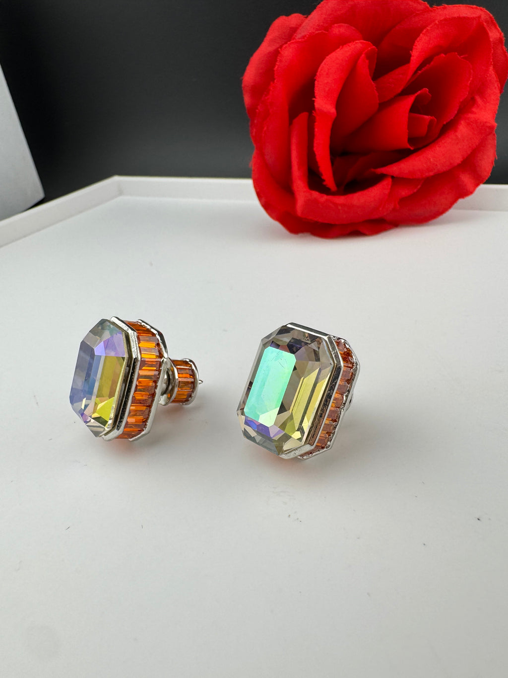 Premium Swarovski style Crystal and Cubic Zirconia in unique designer Orange studs earrings, crystals at the backing/Bridesmaid gift