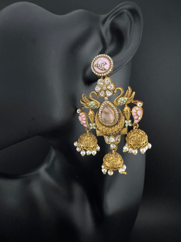 Amrapali inspired Matt Gold, Stone, Enamel, Pearl Oversized ChandBali Jhumka Earrings, designer jewelry