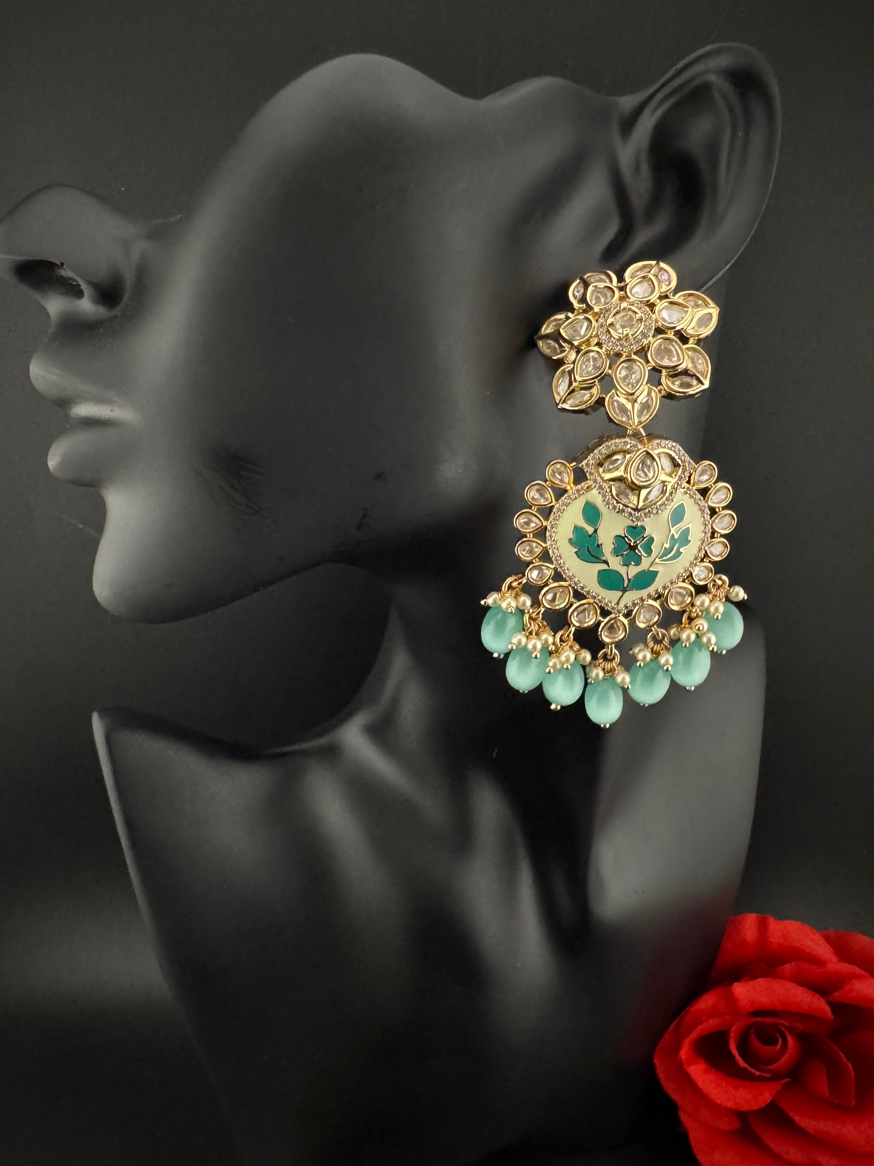 Enamel and Gold Kundan Chandelier Long Earrings, High shine Bridal Moissanite CZ, Designer Earrings