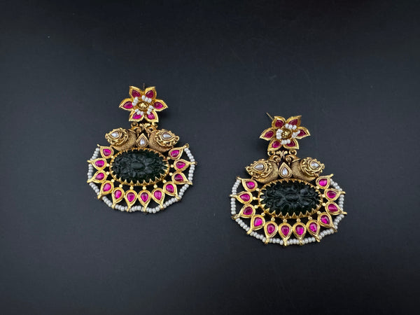 Gold and Green Carved stone, pacchi Kundan, Pearls Chandelier Chandbali Earrings, Bridal Designer jewelry