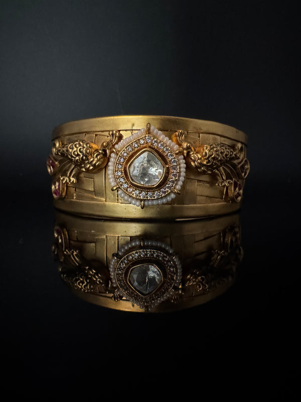 Moissanite Kundan, CZ, pearl Peacock Cuff Bracelet Bangle, Gold Polish Bangle (Fits 2.6" Diameter)