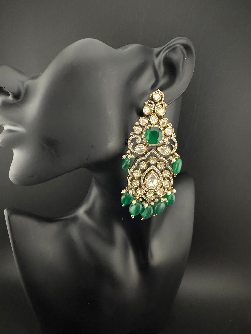 Green and Gold Kundan, Pearls Chandelier Long Earrings, Bridal, Moissanite, CZ, Designer jewelry