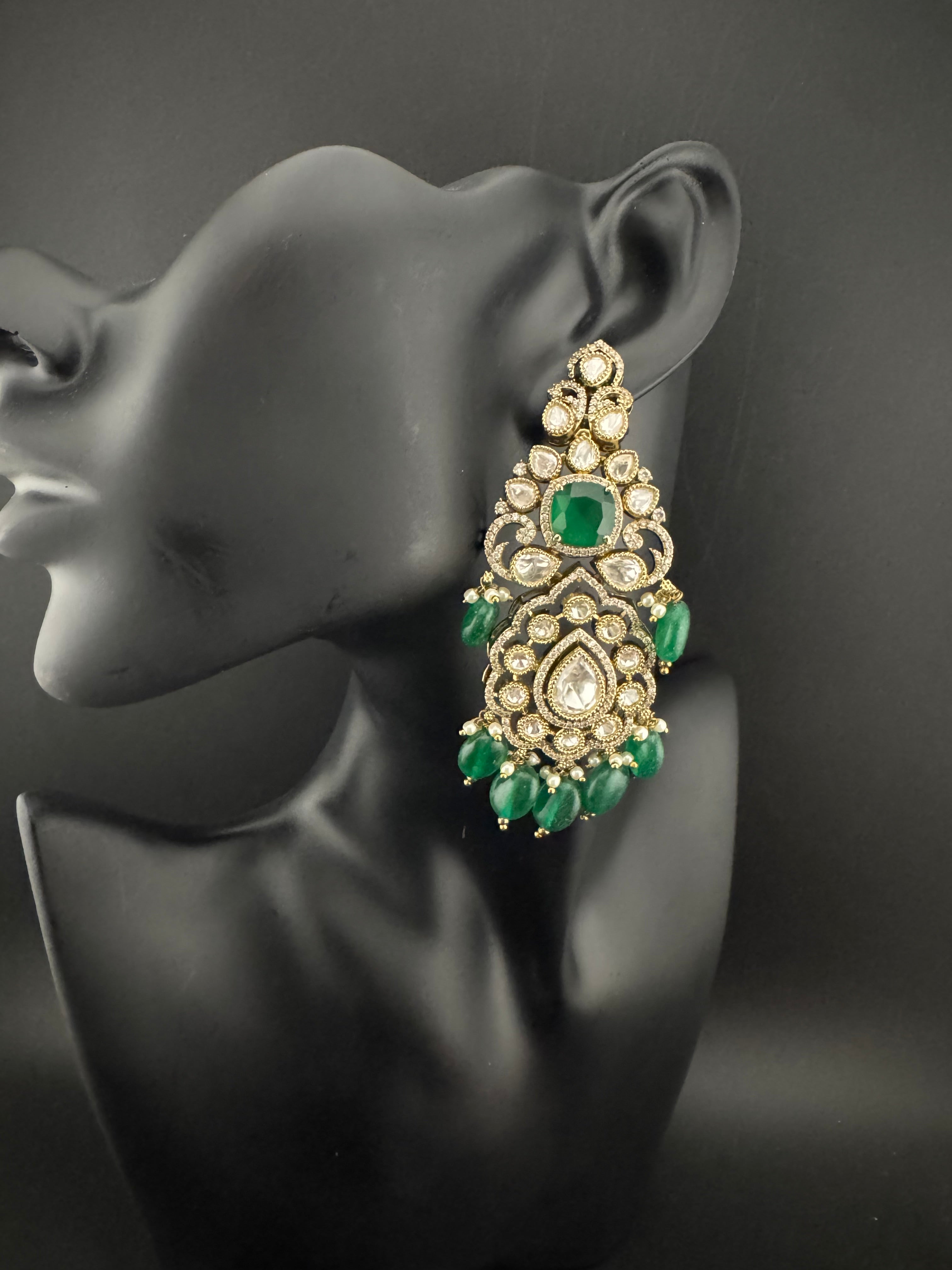 Green and Gold Kundan, Pearls Chandelier Long Earrings, Bridal, Moissanite, CZ, Designer jewelry