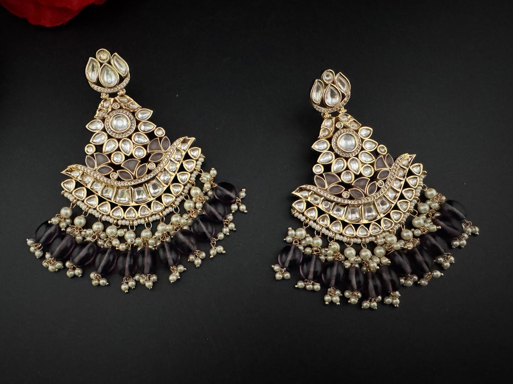 Purple and Gold Kundan Chandelier Earrinngs, High shine Bridal Moissanite CZ, Shiney Gold Designer