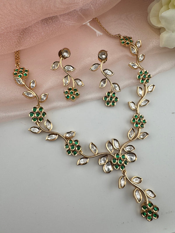 Kundan, Moissanite, stone Sleek Gold flower long necklace set, Indian Bridal Jewelry