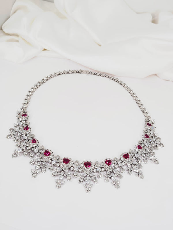 Ruby Swarovski Crystals and CZ Diamond all over Necklace Set, White Gold Plated set