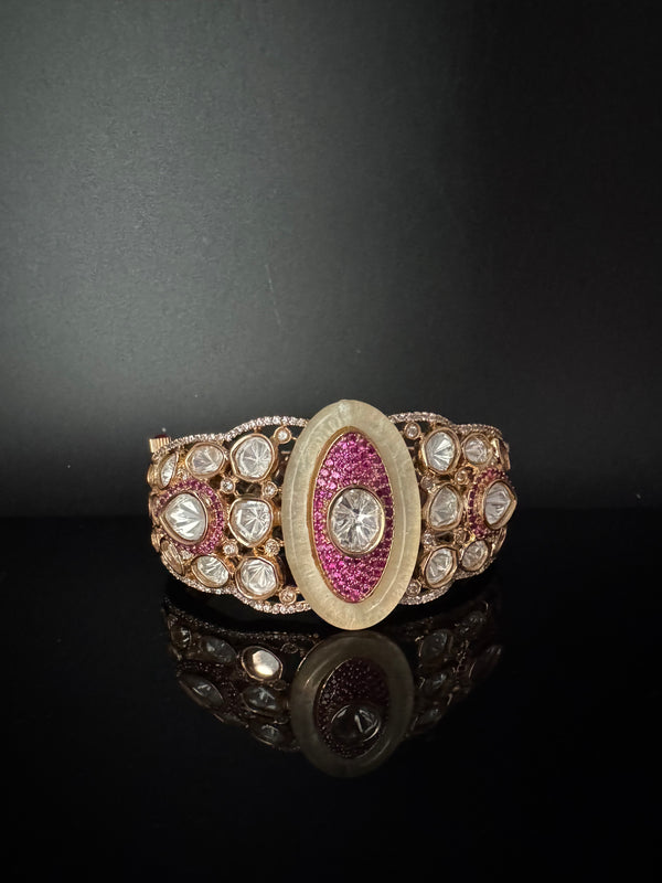 Moissanite Kundan, MOP, CZ Adjustable Bracelet Bangle, Gold Polish Designer Bangle